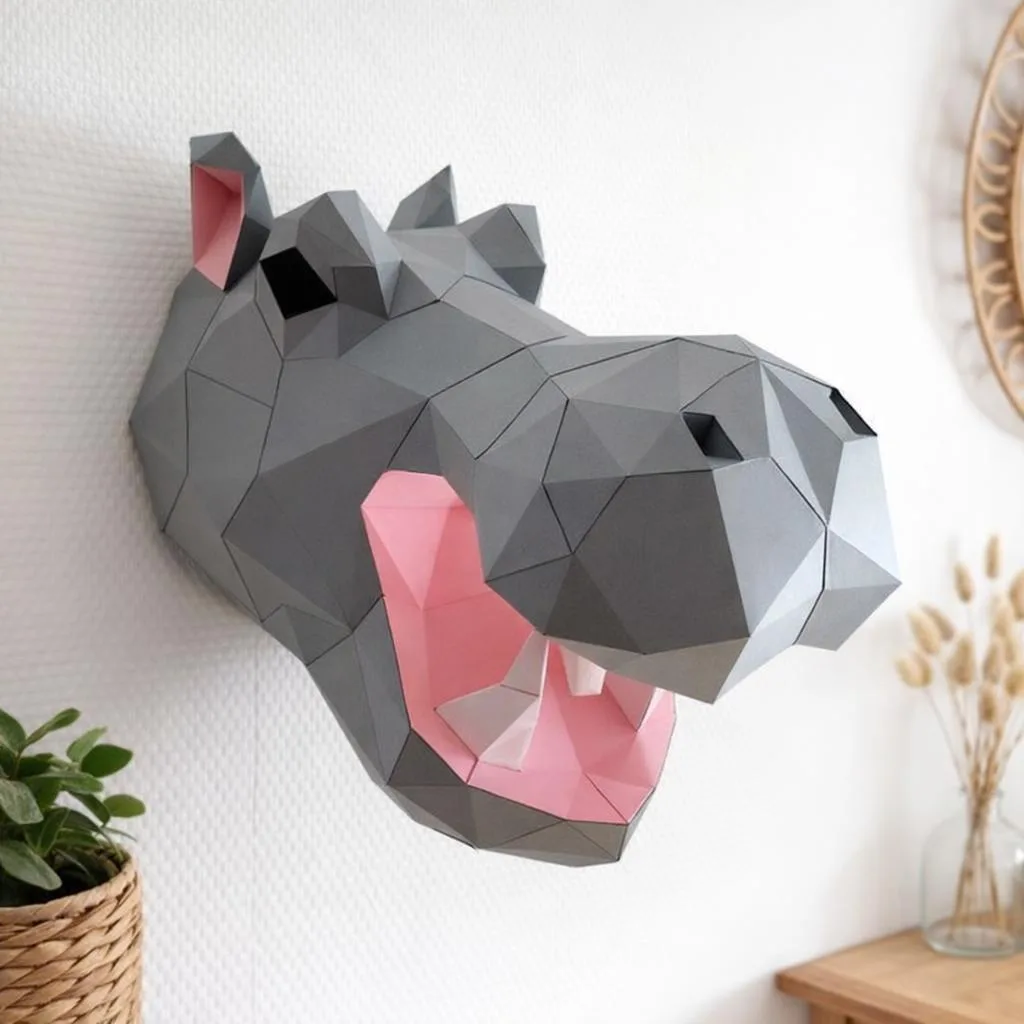 Papercraft Origami 3D Nilpferdkopf mit offenem Maul