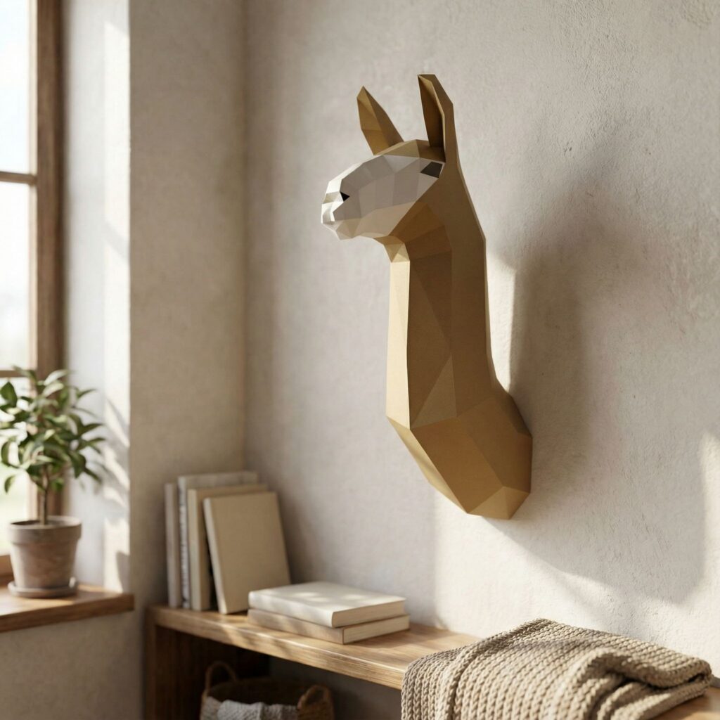 Papercraft troféu de cabeça de lhama mural em origami