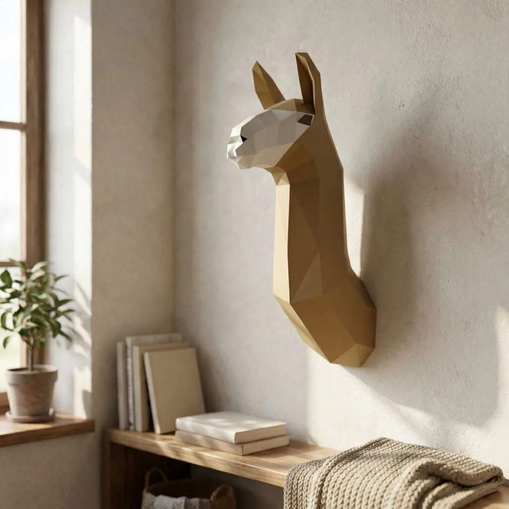Papercraft troféu de cabeça de lhama mural em origami