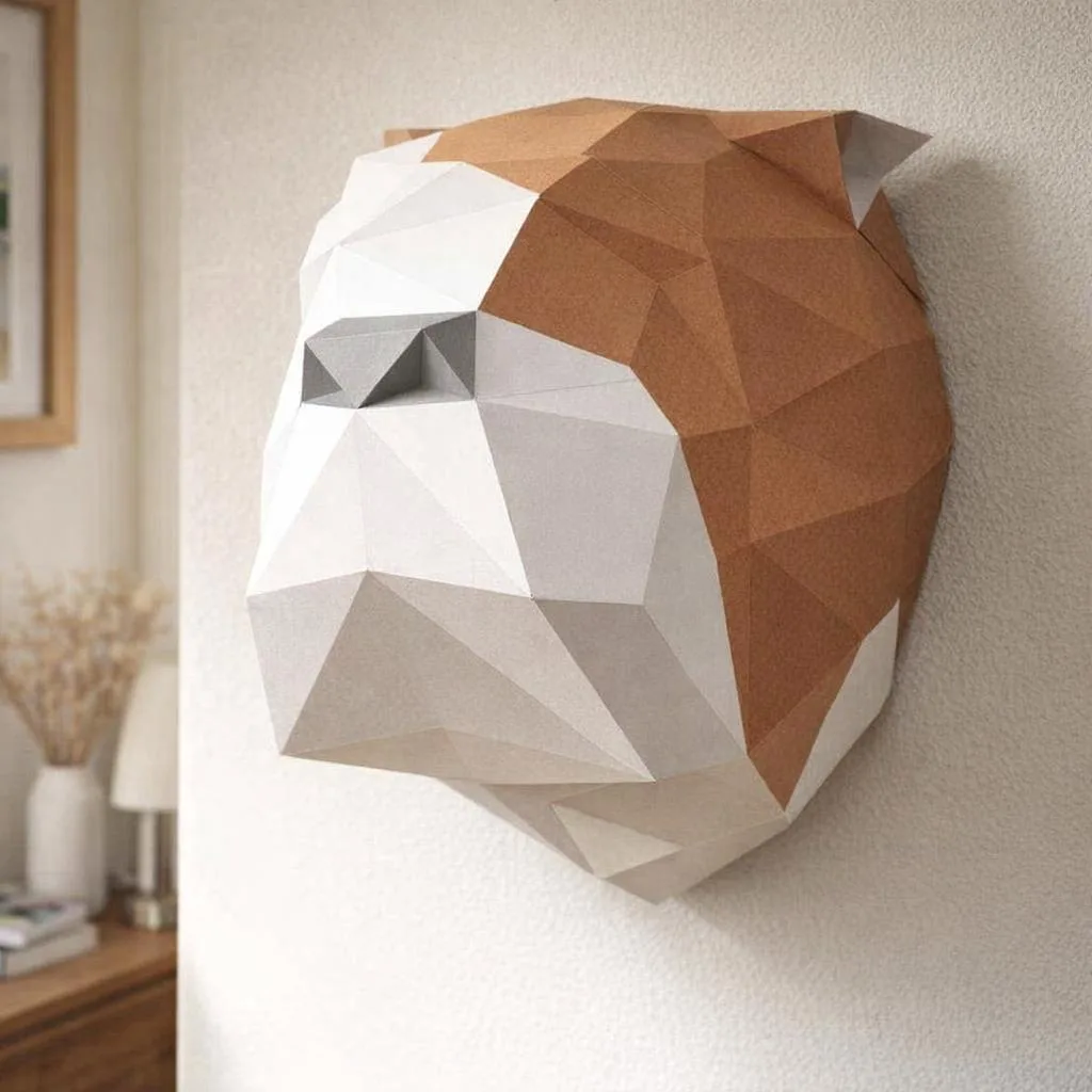 Papercraft trophée bulldog anglais mural en origami, vue 2