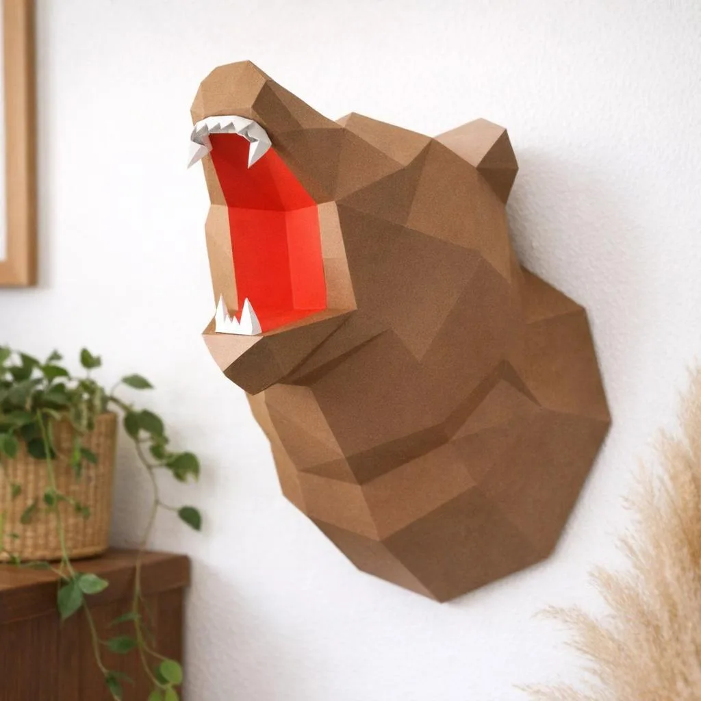 Papercraft de trophée d'ours rugissant en origami 3D