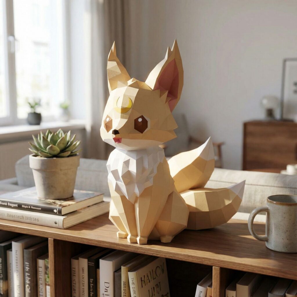Petit renard Kitsune sur la lune en papercraft 3D
