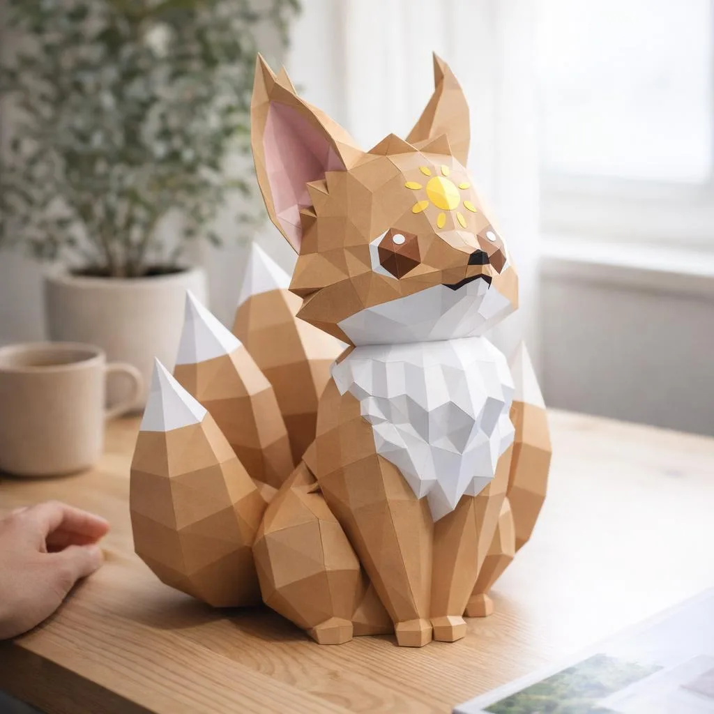 Pequeno Kitsune sobre o sol em papercraft 3D – modelo PDF, SVG e DXF