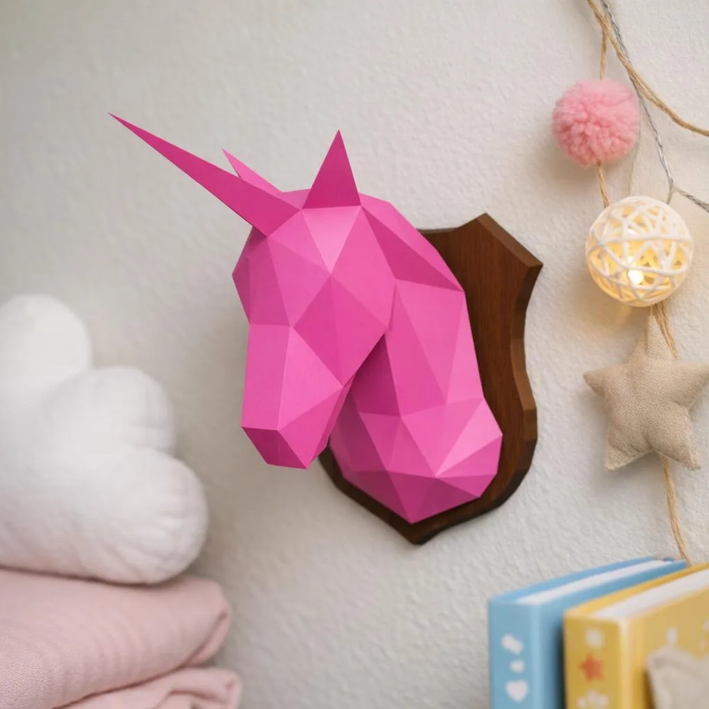 Pequeno troféu cabeça de unicórnio em papercraft 3D – modelo infantil