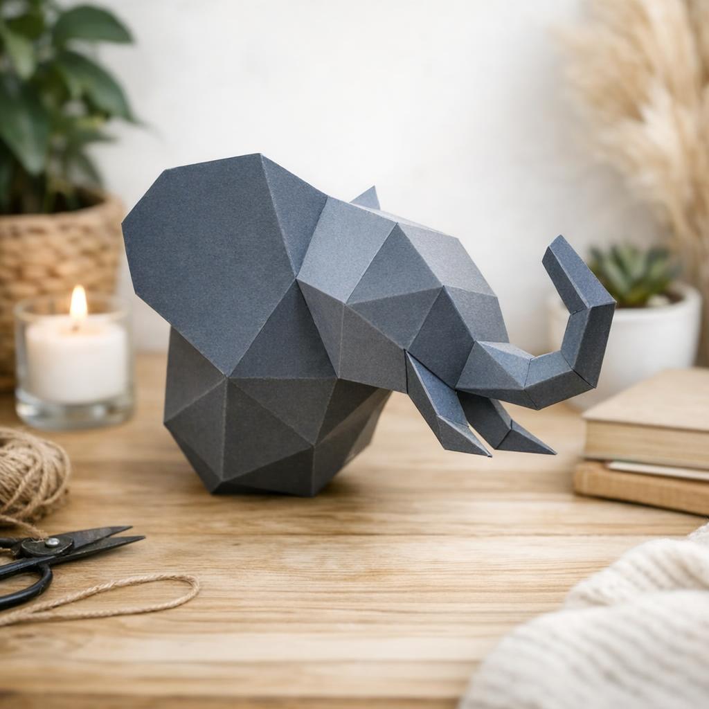Petit trophée tête d’éléphant en papercraft 3D – modèle PDF à imprimer