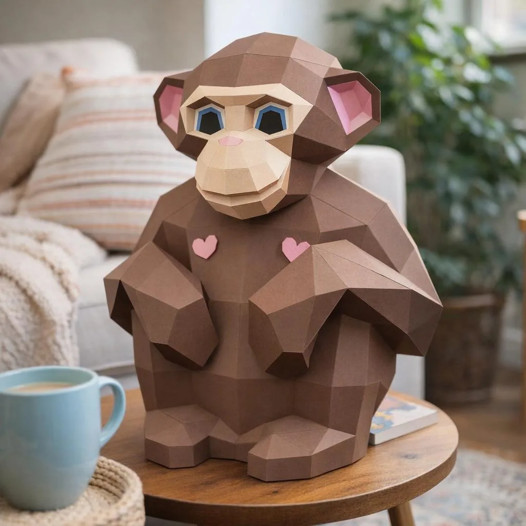 Sitzender Affe mit Herzen aus 3D-Papercraft