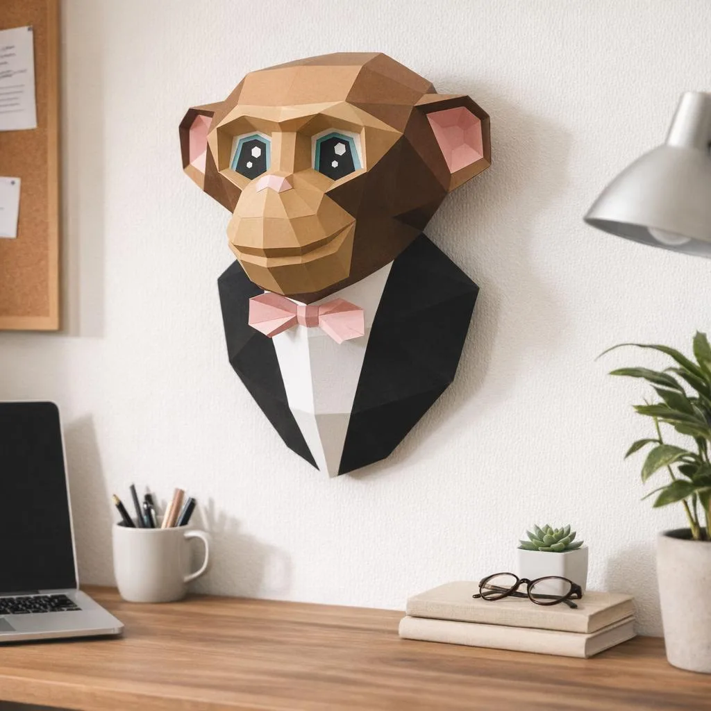 Macaco de gravata-borboleta rosa em papercraft 3D
