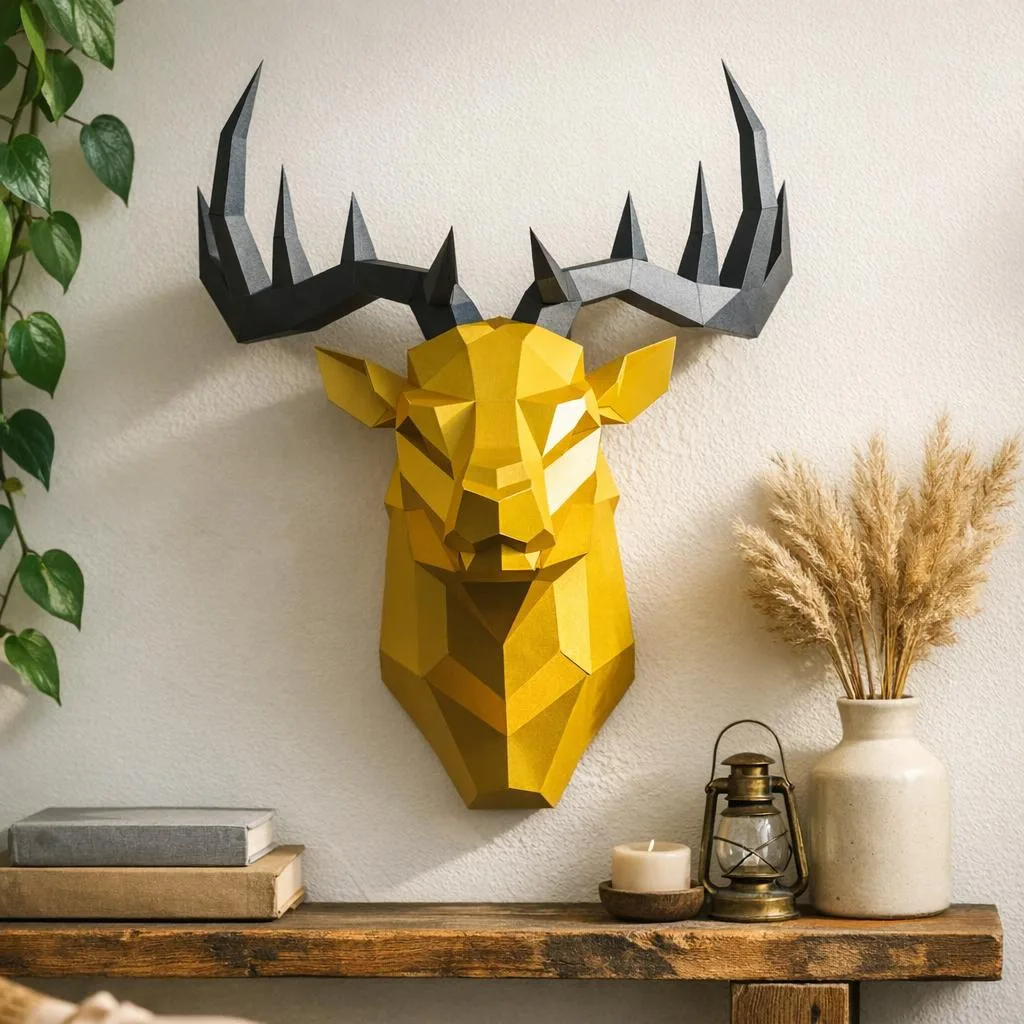 Cabeça de cervo amarela em papercraft 3D