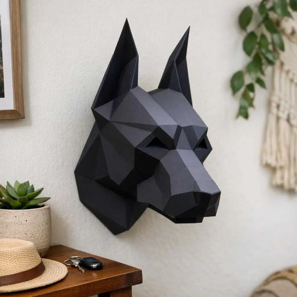 Cabeça de doberman de frente em papercraft 3D