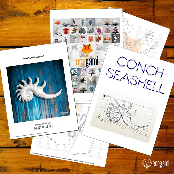 Papercraft de concha tropical mural em origami 3D