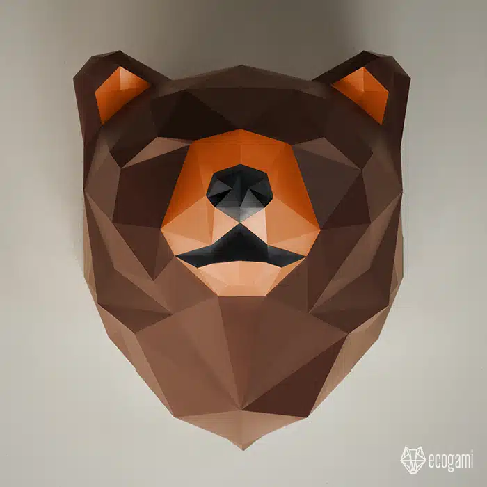 Papercraft cabeza de oso mural en origami