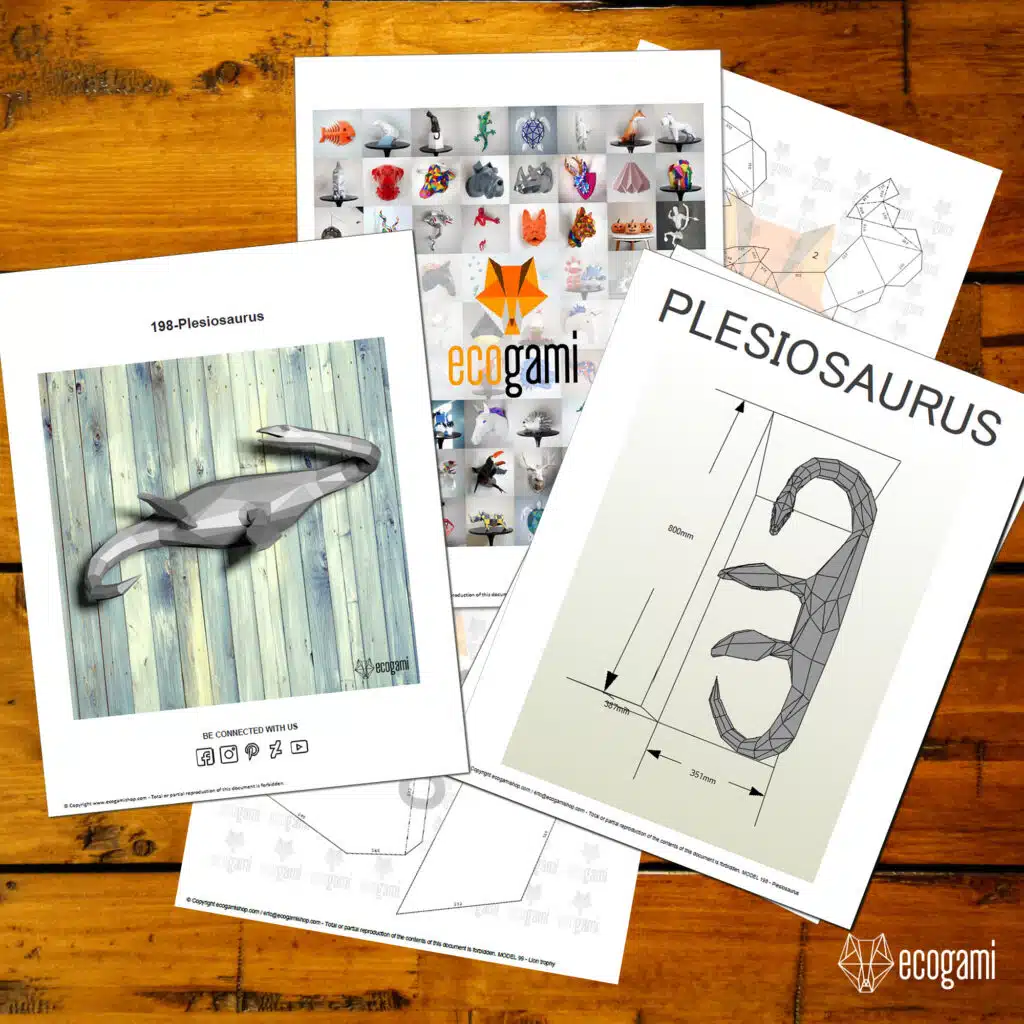 Papercraft plesiossauro mural em origami 3D