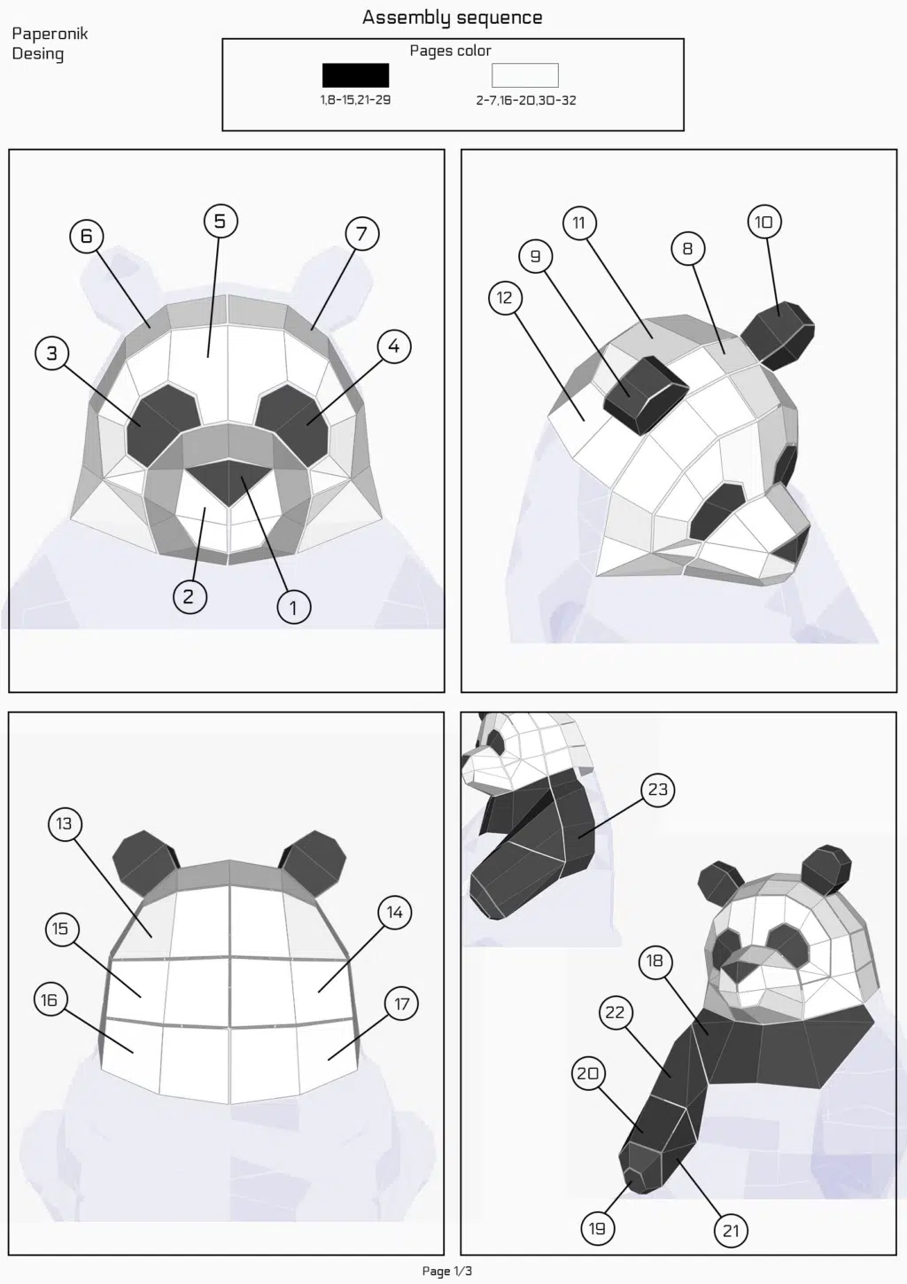 Panda papercraft PDF SVG, vue 4