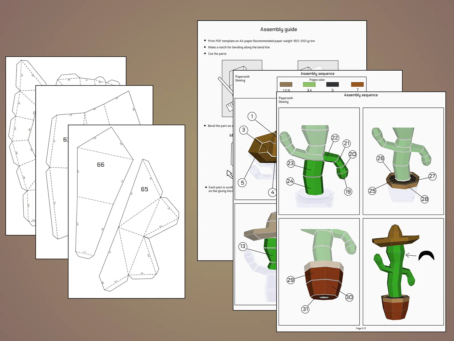 Cactus papercraft PDF Template, side view