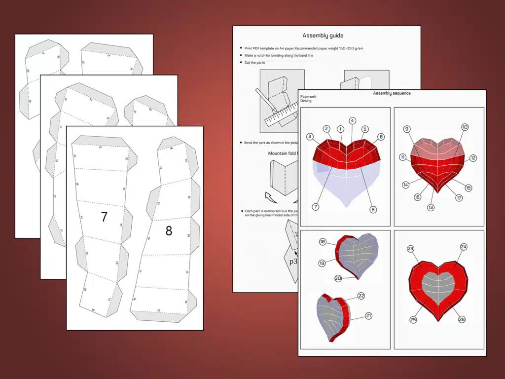 Heart wall decor papercraft PDF SVG, vue 4