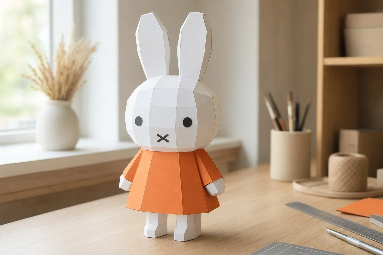 Rendu photo du modèle Miffy en papercraft 3D lapin blanc avec robe orange