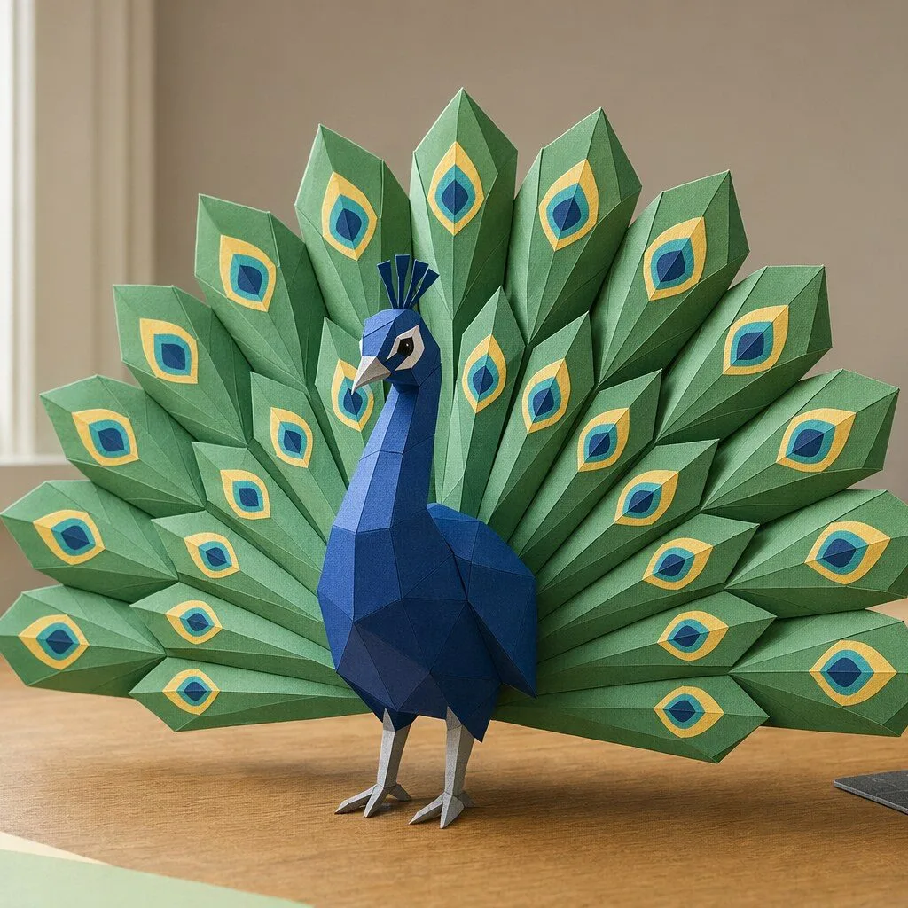 Rendu photo du modèle paon en papercraft 3D bleu et vert avec queue déployée