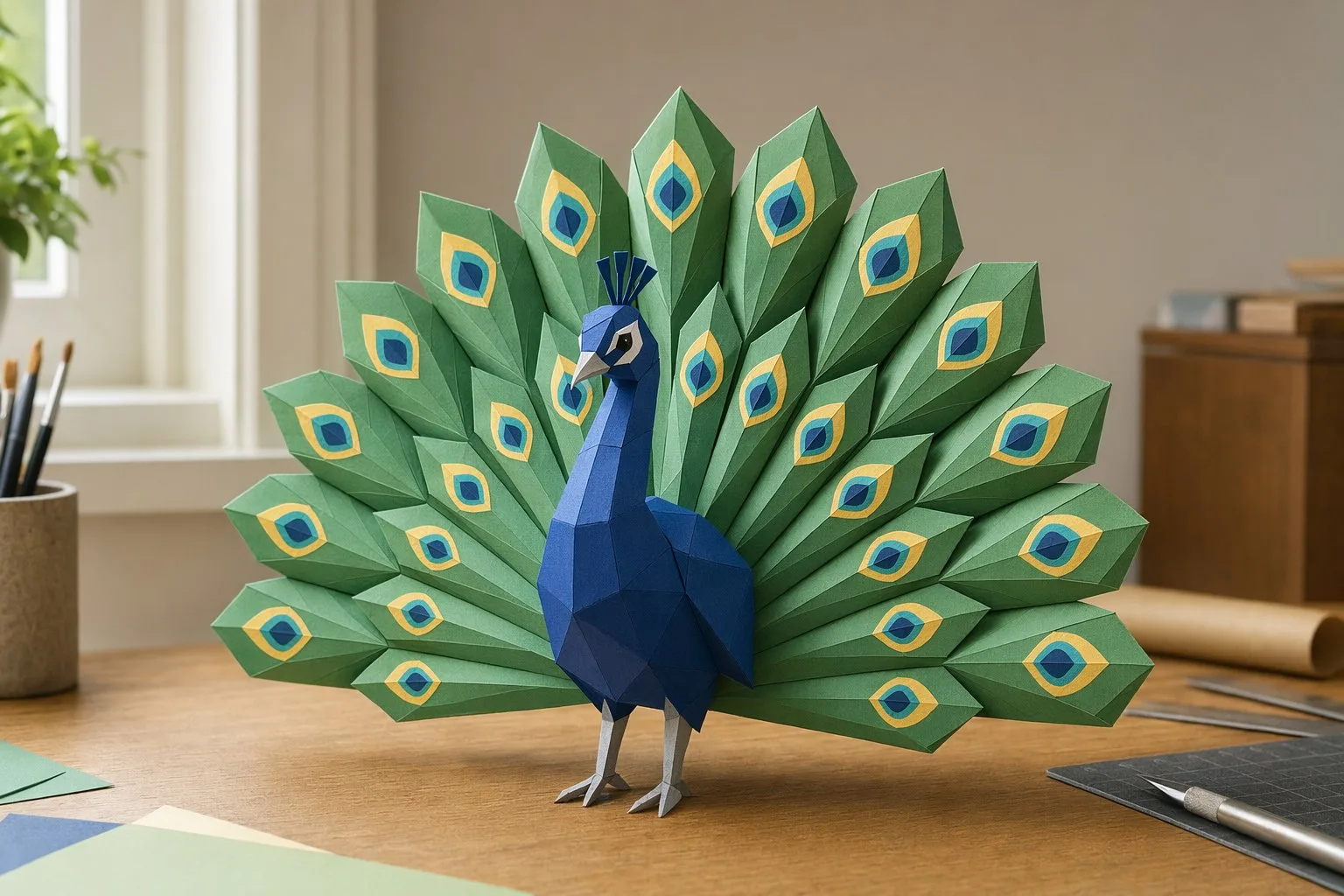 Rendu photo du modèle paon en papercraft 3D bleu et vert avec queue déployée