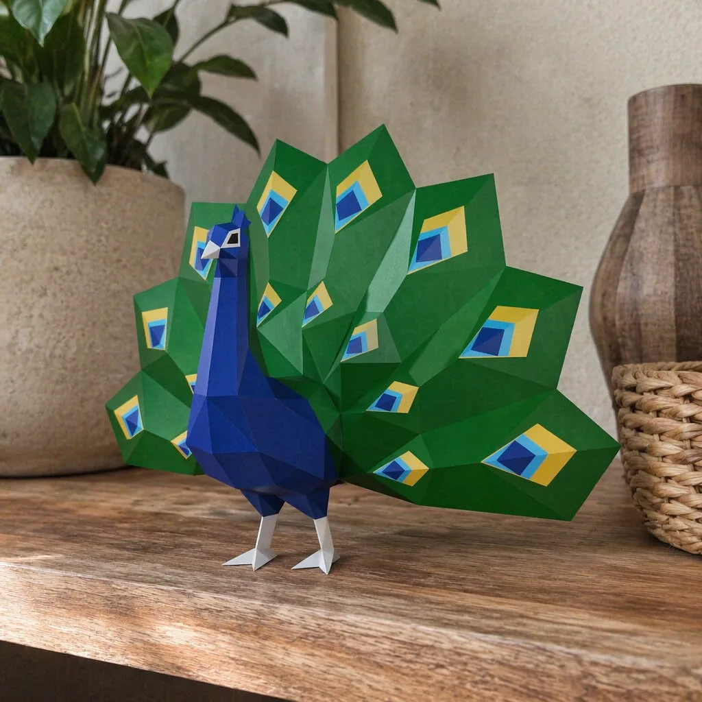 Paon papercraft 3D avec grande queue verte sur une étagère