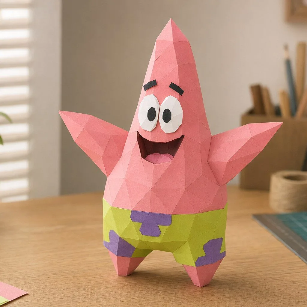 Rendu photo du modèle Patrick Star en papercraft 3D rose avec short vert