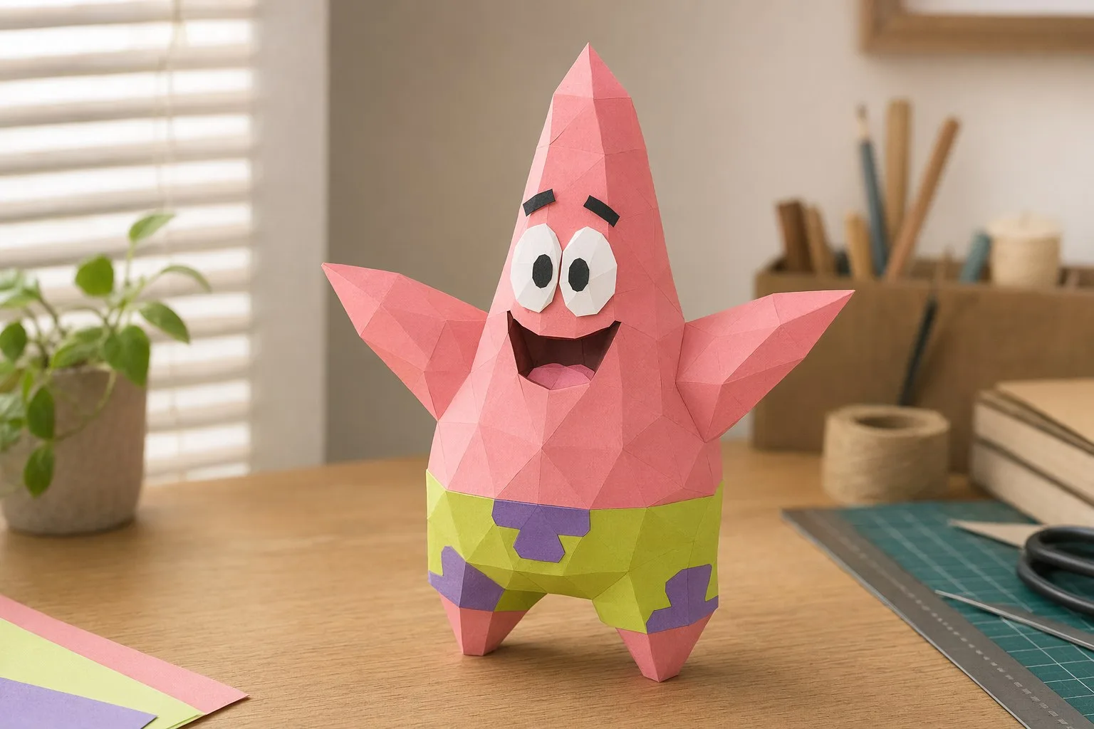 Rendu photo du modèle Patrick Star en papercraft 3D rose avec short vert