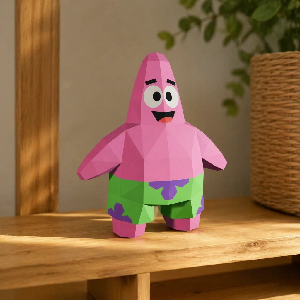 Patrick Star papercraft 3D en papier rose sur une étagère en bois