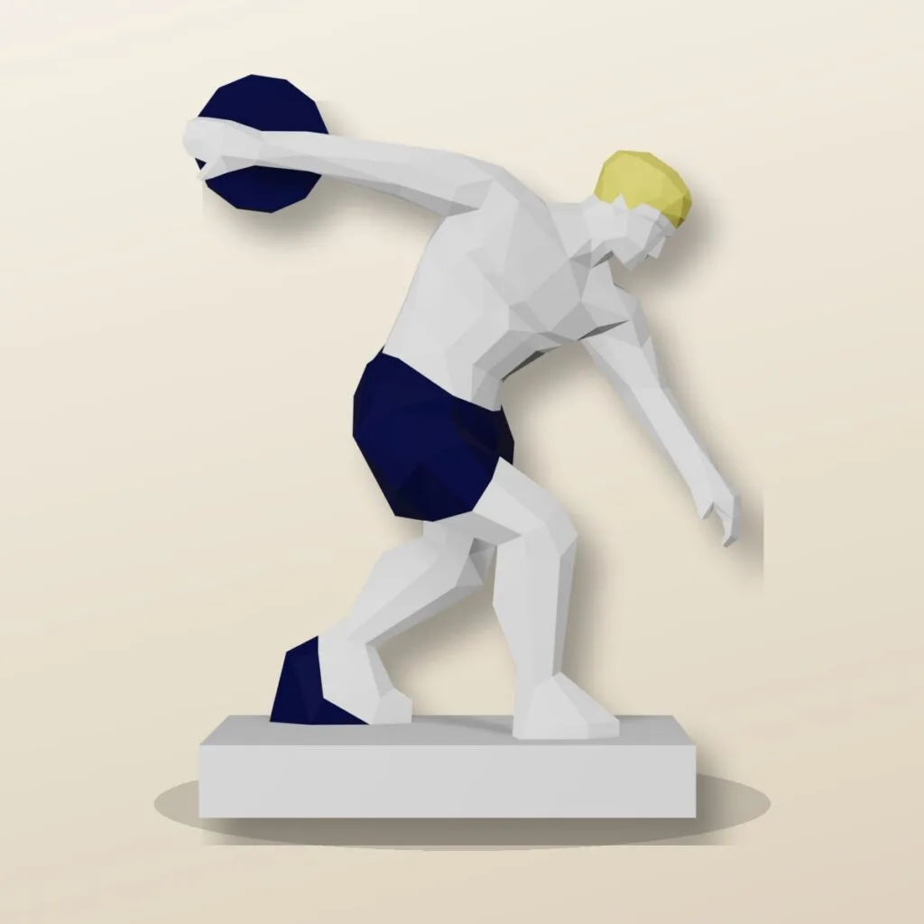 Atleta Discóbolo papercraft 3D lançando disco em papel branco azul e amarelo