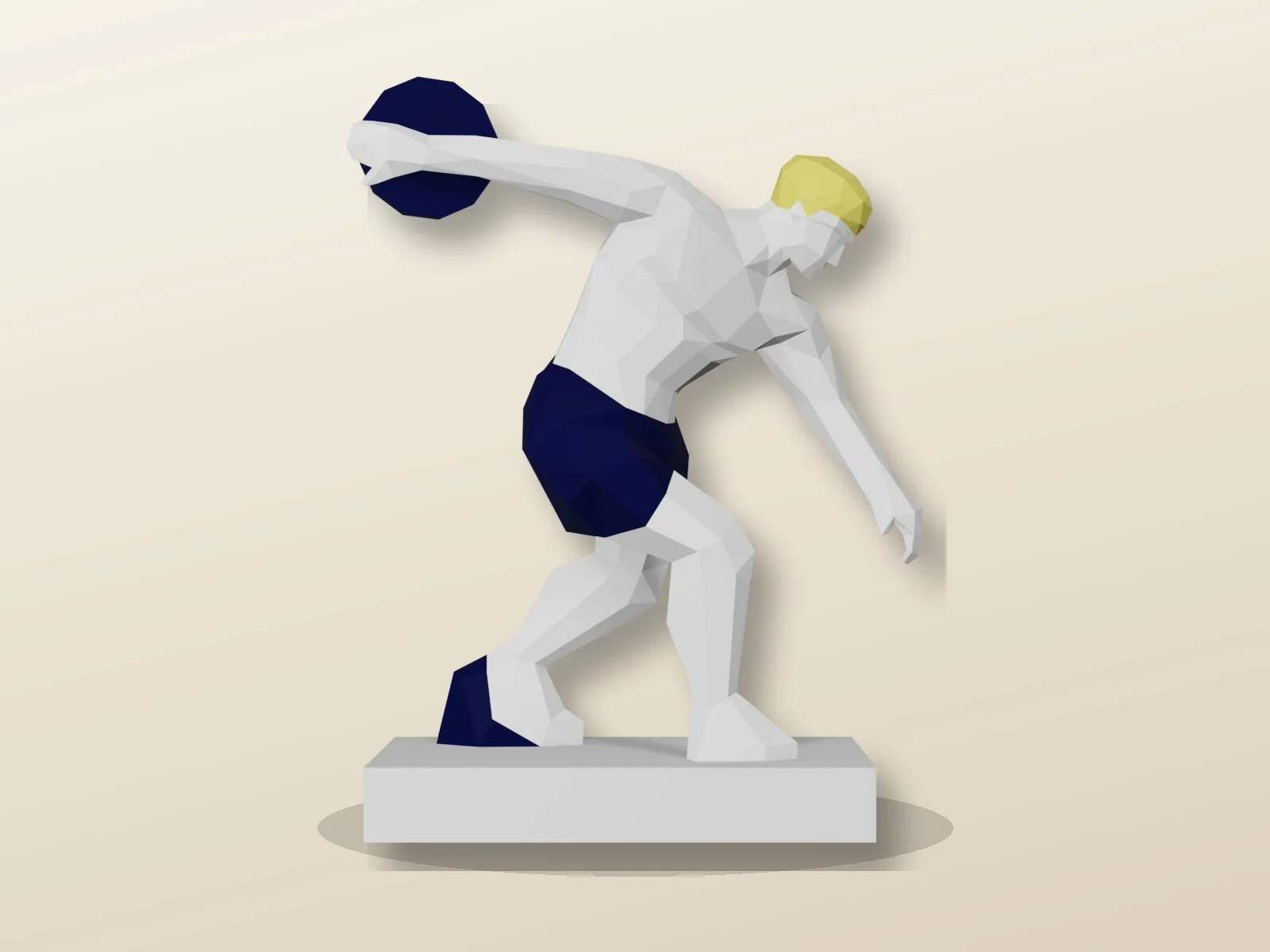 Atleta Discóbolo papercraft 3D lançando disco em papel branco azul e amarelo