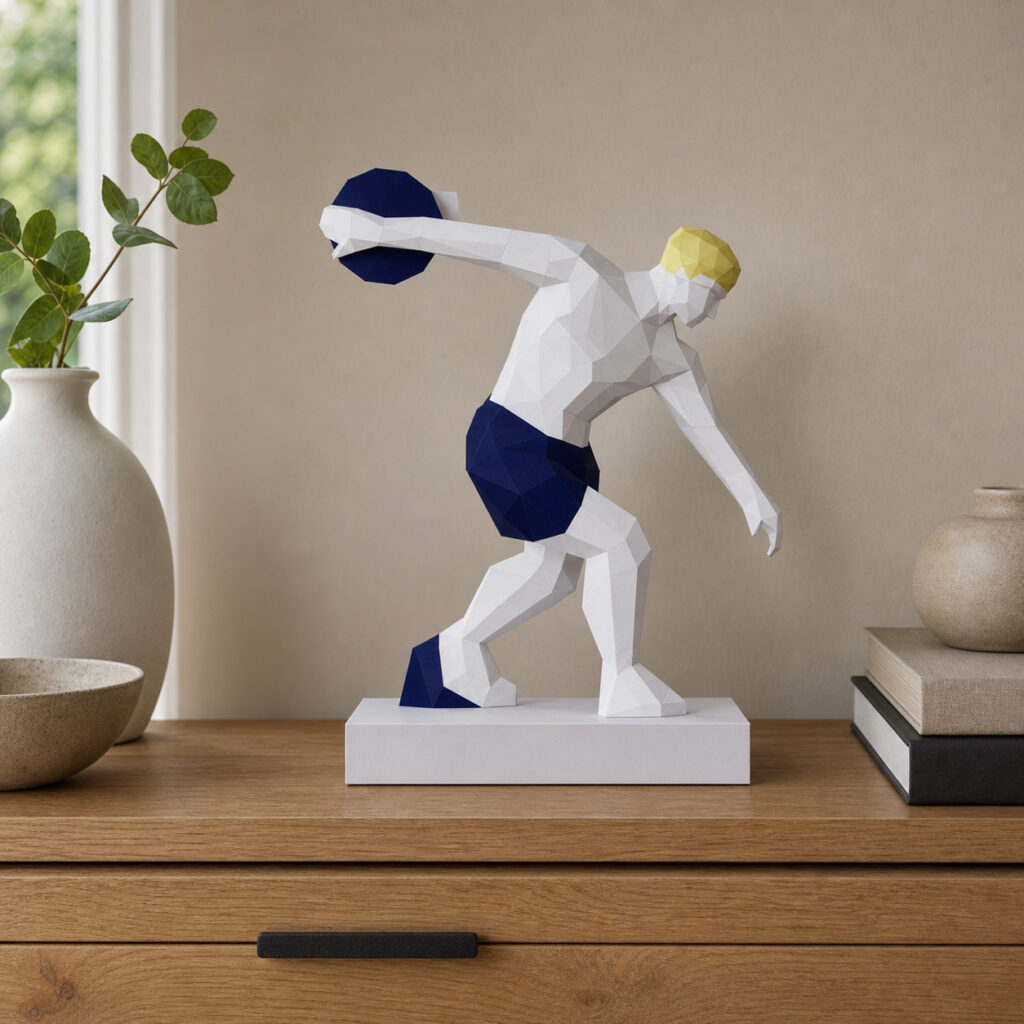 Sculpture Discobole en papercraft 3D réaliste dans un intérieur