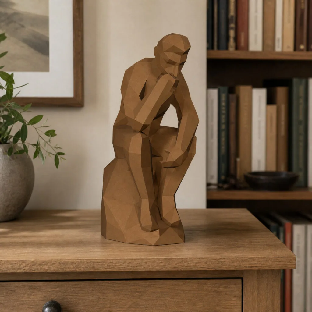 Sculpture Le Penseur en papercraft 3D réaliste dans un intérieur