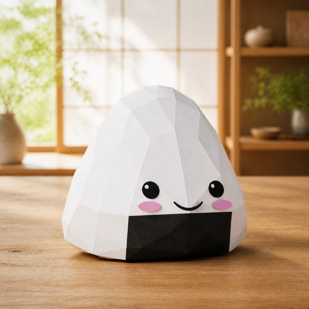 Onigiri souriant en papercraft 3D réaliste dans un intérieur japonais