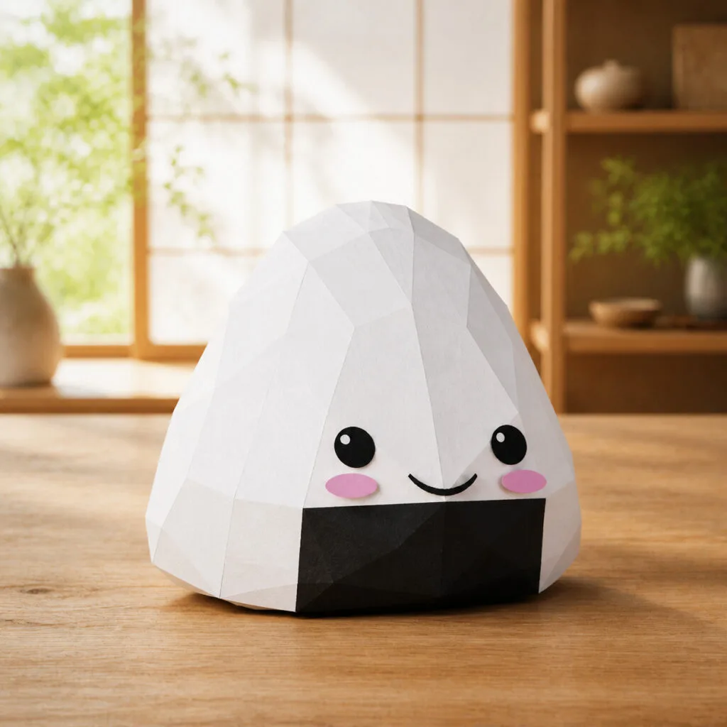 Onigiri souriant en papercraft 3D réaliste dans un intérieur japonais
