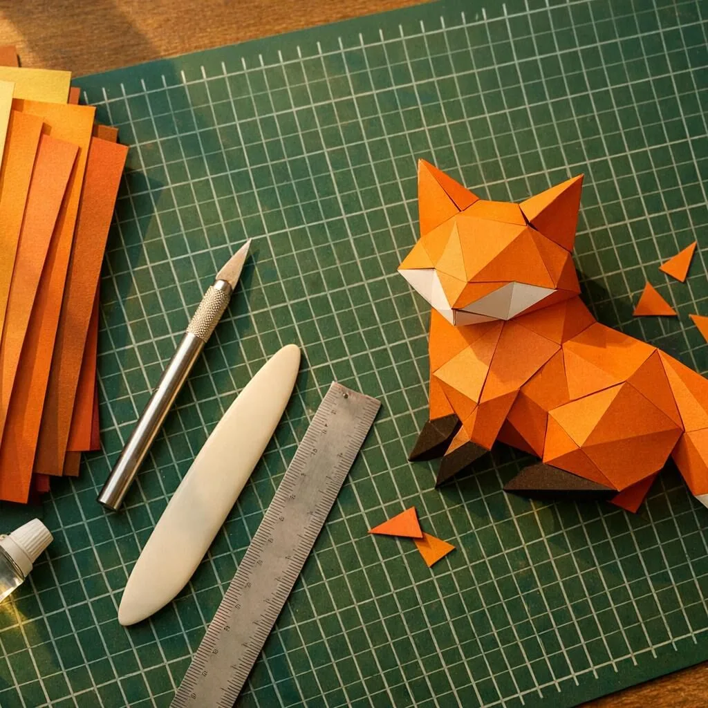 Matériel de papercraft sur un tapis de découpe : cutter de précision, plioir, règle en métal, colle et renard en papier 3D