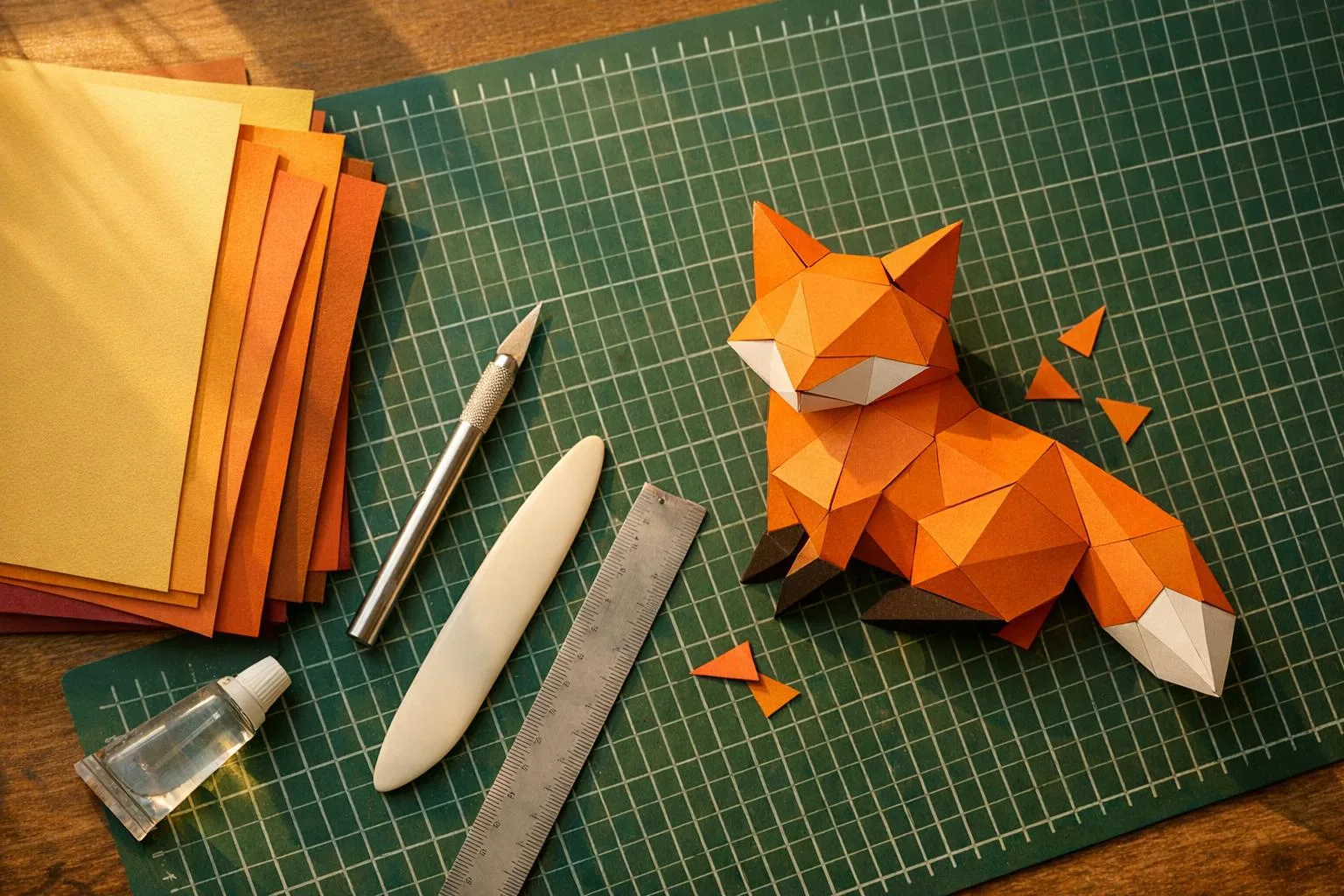 Matériel de papercraft sur un tapis de découpe : cutter de précision, plioir, règle en métal, colle et renard en papier 3D