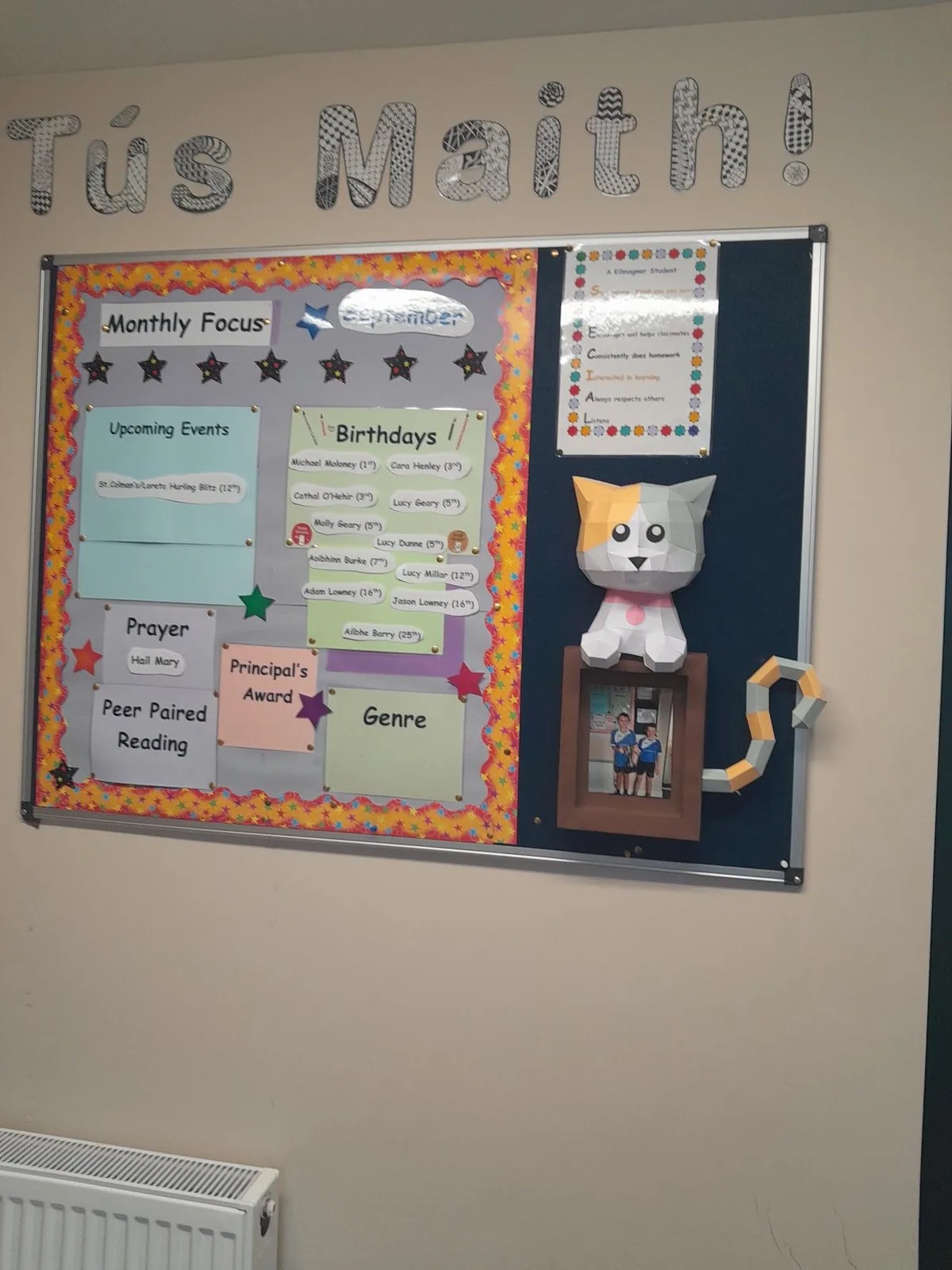 Chat tricolore en papier assis sur cadre photo en classe