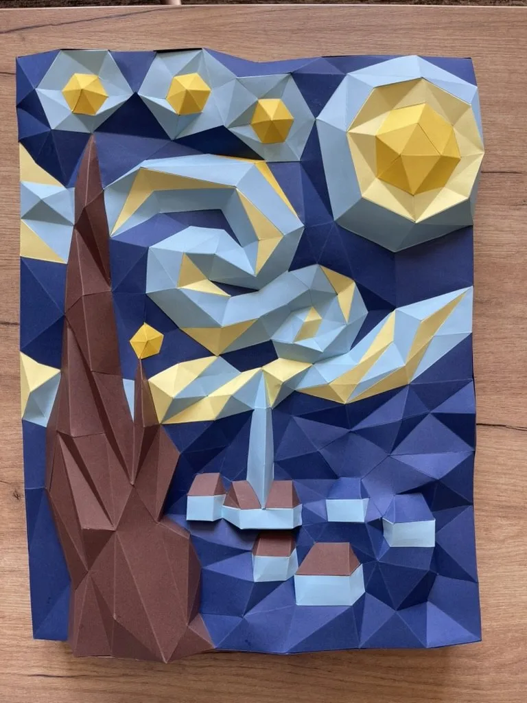 Tableau 3D La Nuit étoilée de Van Gogh (bleu, jaune, cyprès marron)