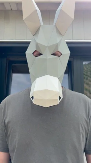 Visage masqué d’un âne gris aux détails géométriques précis