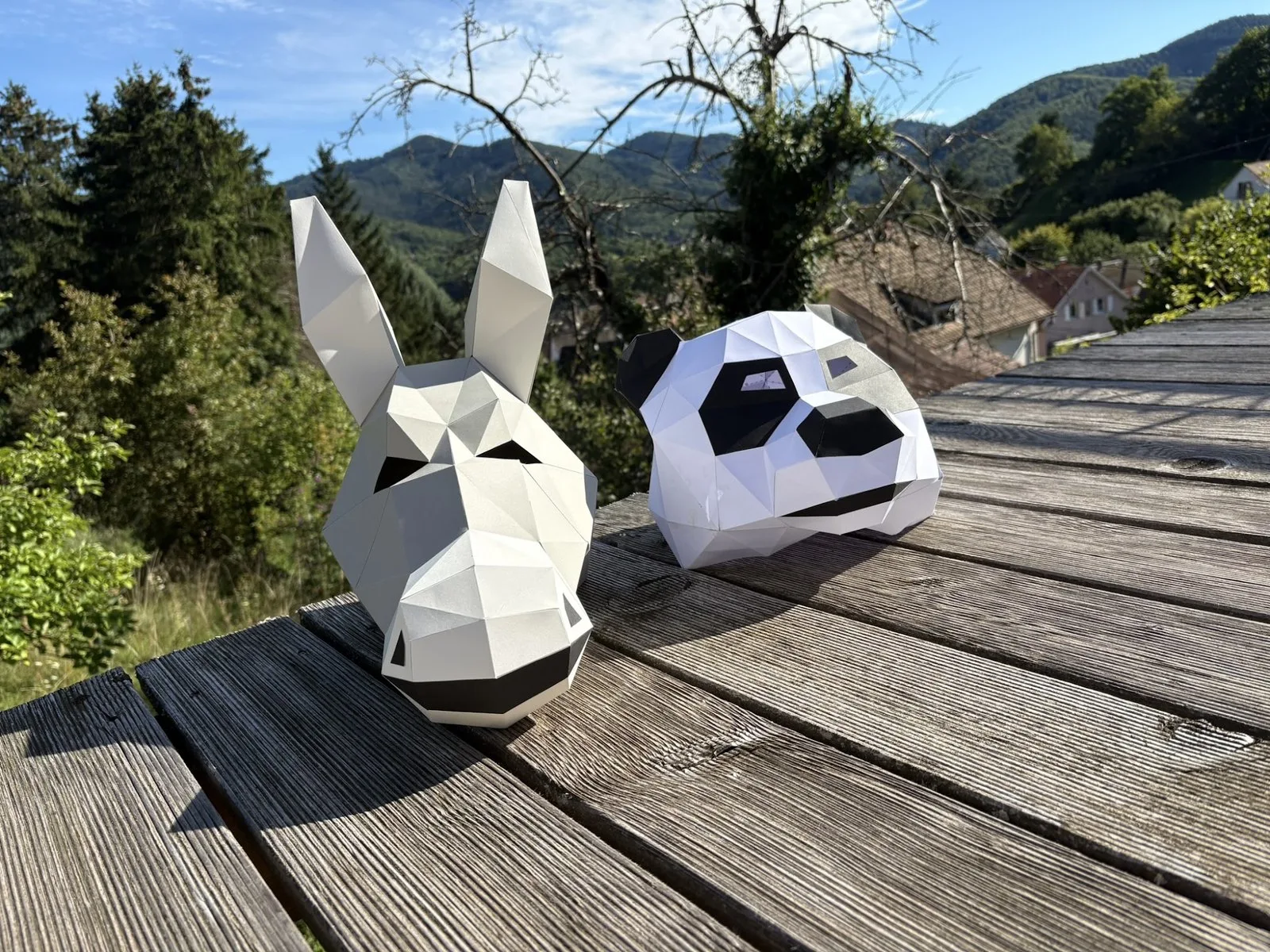 Masques d’âne et de panda alignés sur une terrasse en bois