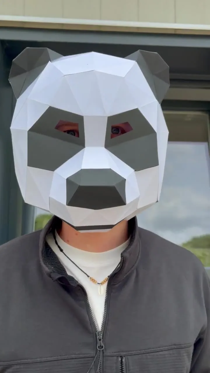 Masque panda noir et blanc en papier sur un visage
