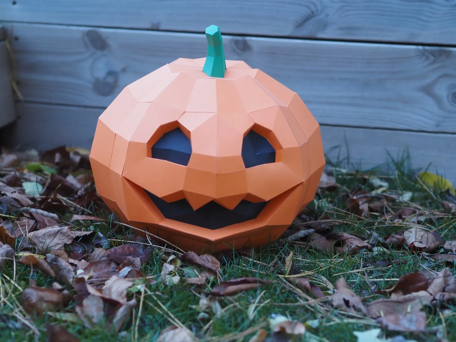 Citrouille jack-o-lantern posée parmi des feuilles
