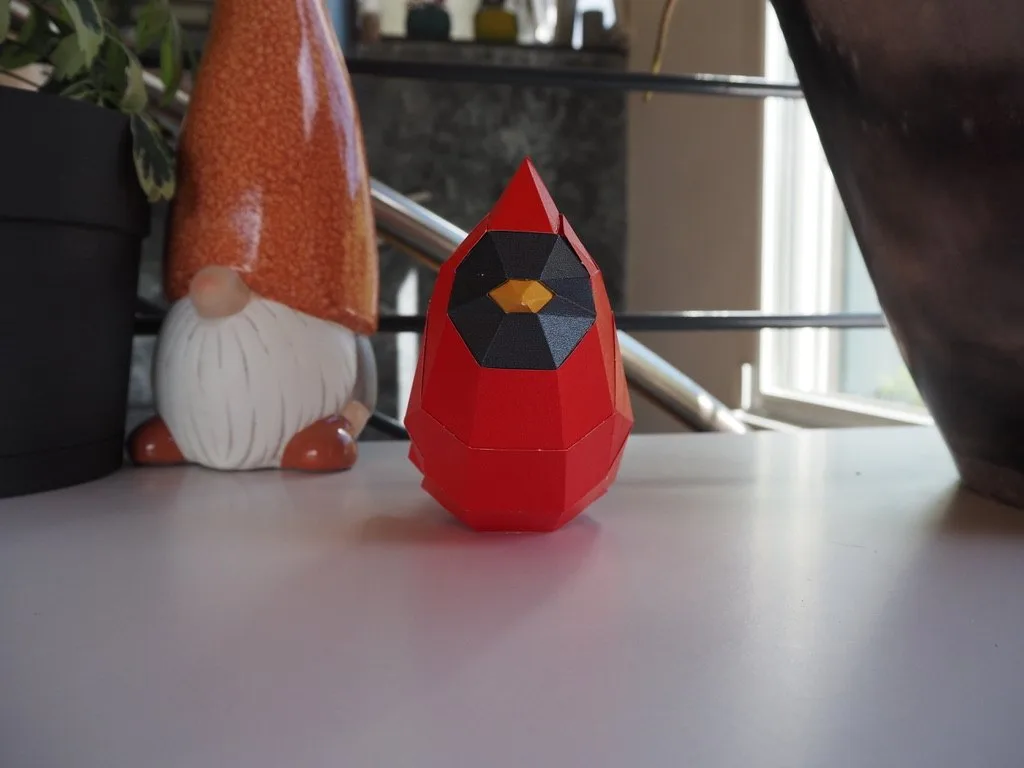 Cardinal rouge face noire bec jaune sur fond clair