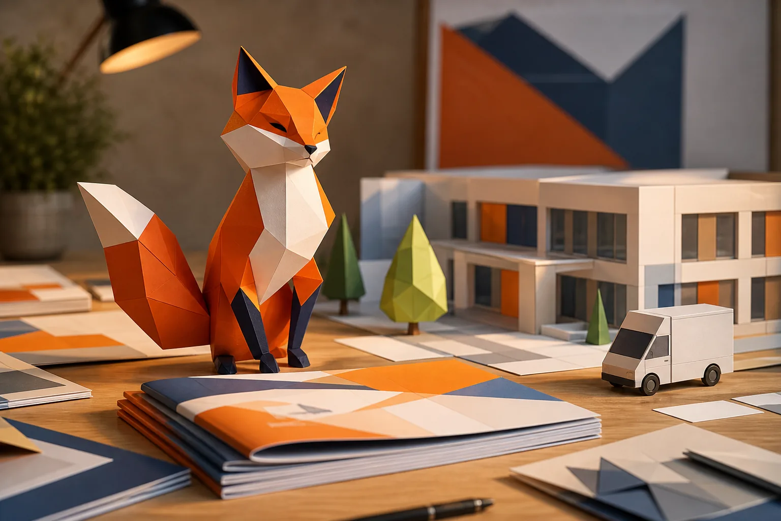 Mascotte renard en papercraft 3D avec bâtiment et véhicule en papier, illustrant une campagne de communication créative