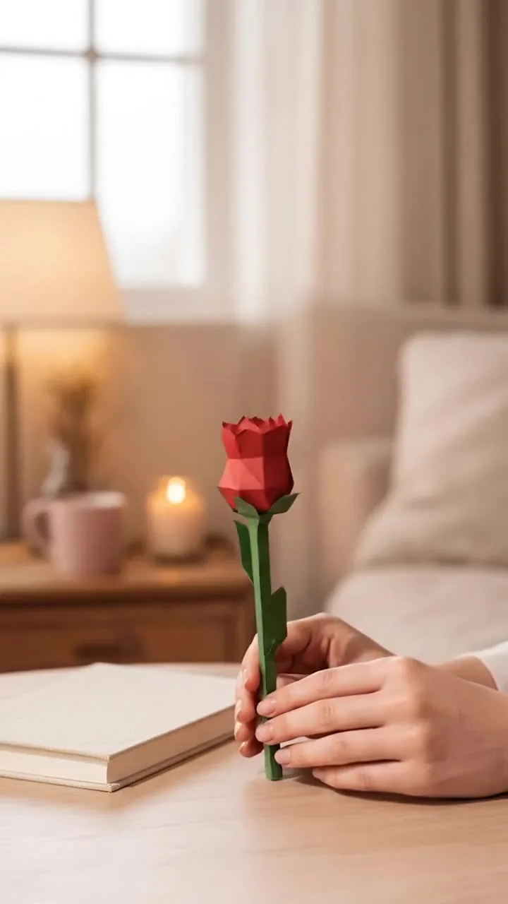 Rose low-poly tenue en main dans une ambiance chaleureuse