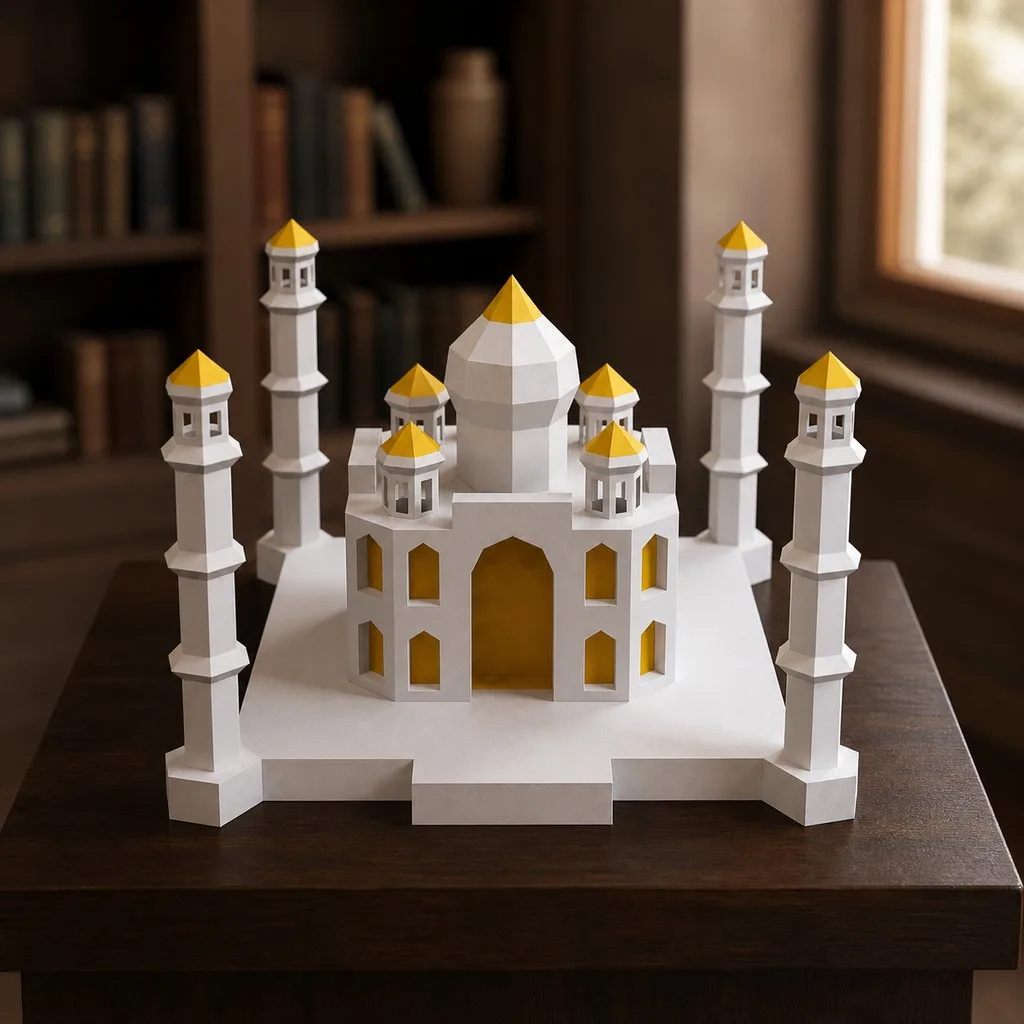 Taj Mahal papercraft 3D posé sur un socle en bois dans une bibliothèque