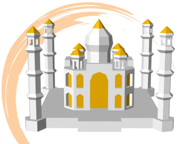 Rendu source du Taj Mahal en papercraft 3D blanc et jaune