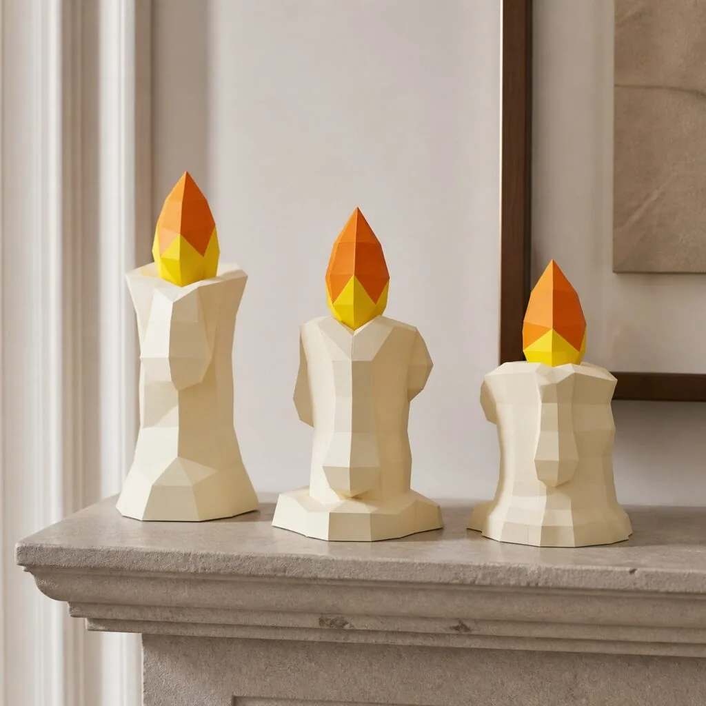 Set van drie decoratieve kaarsen als 3D-papercraft