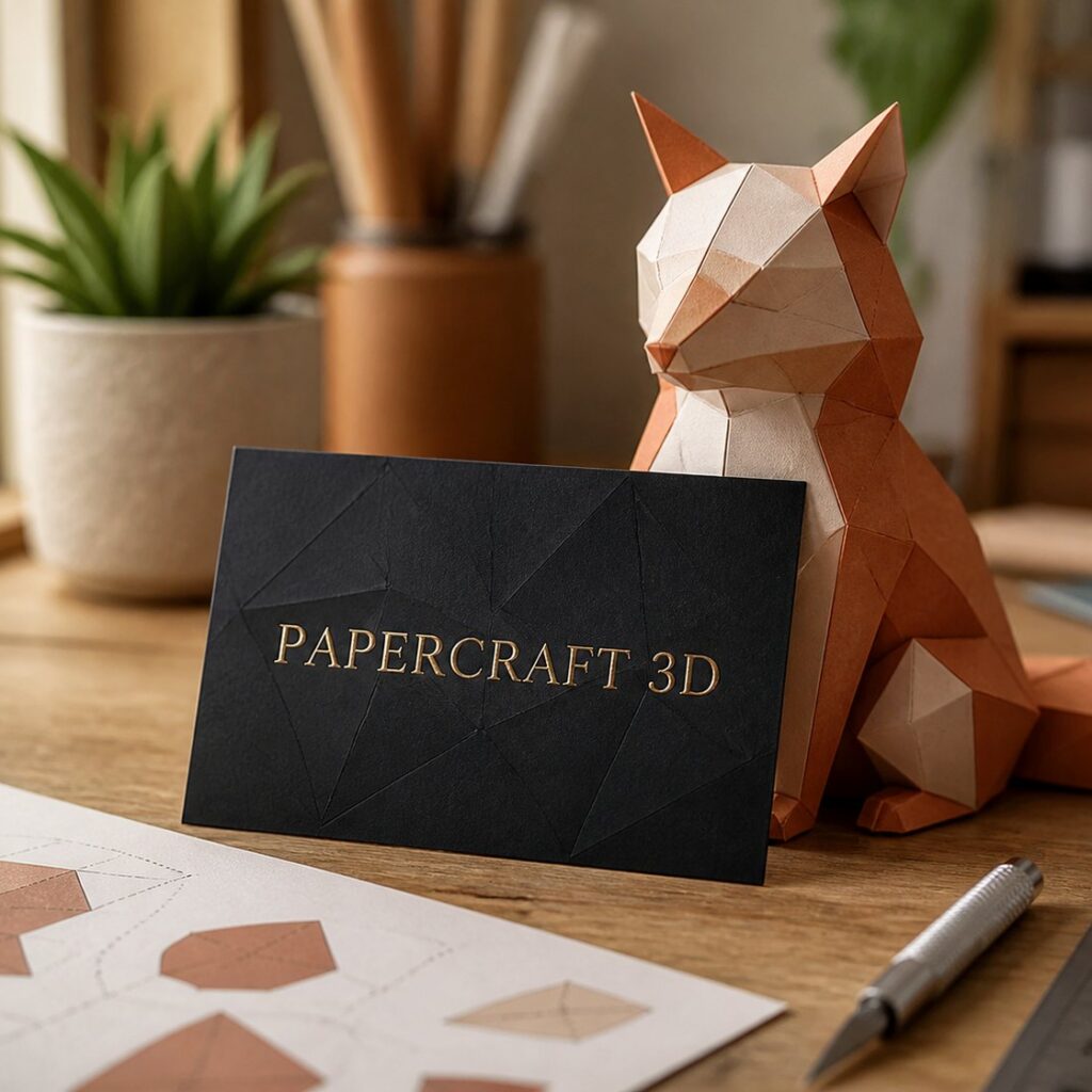 Buono regalo Papercraft 3D accanto a una volpe di carta low-poly