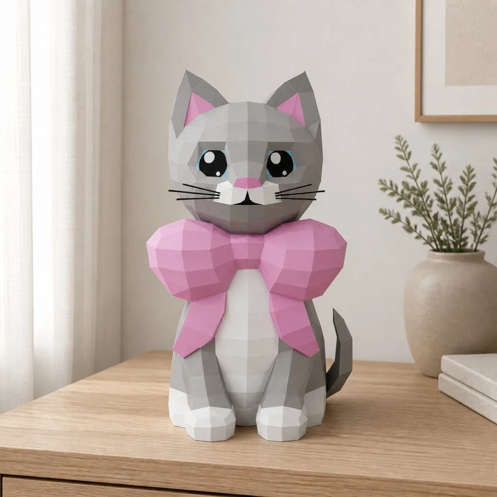 Chat au grand nœud rose en papercraft 3D - photo 1