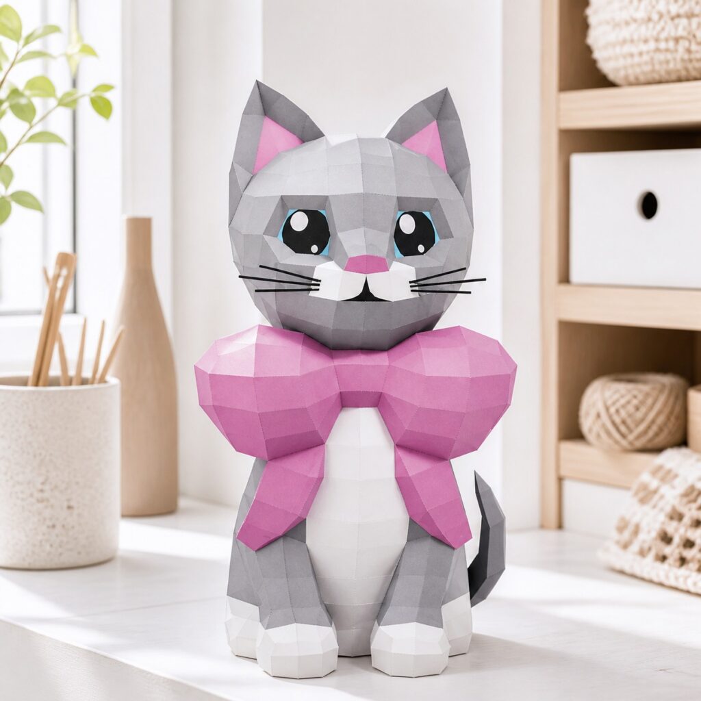 Gato con gran lazo rosa en papercraft 3D