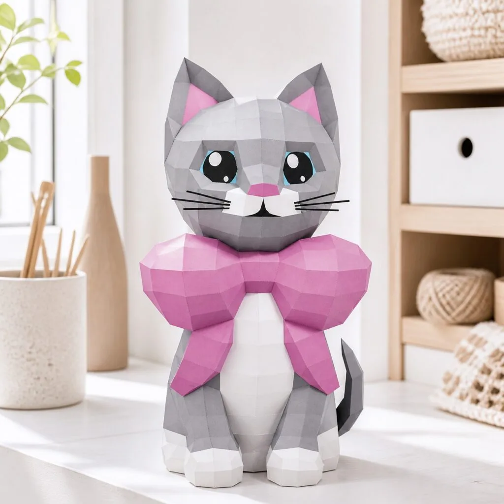 Chat au grand nœud rose en papercraft 3D - photo 2